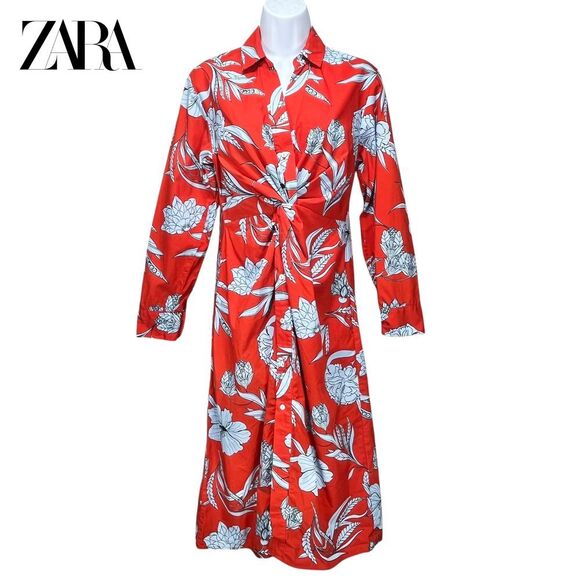 Zara Dresses & Skirts - Zara Women's XS Red Floral Twist-Front Long Sleeve‎ Button-Up Shirt Midi Dress